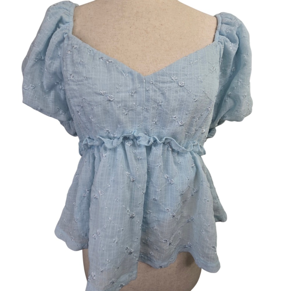 Trixxi‎ Blue Puff Sleeve Babydoll Peplum Milkmaid Floral Top SZ XL Cottagecore